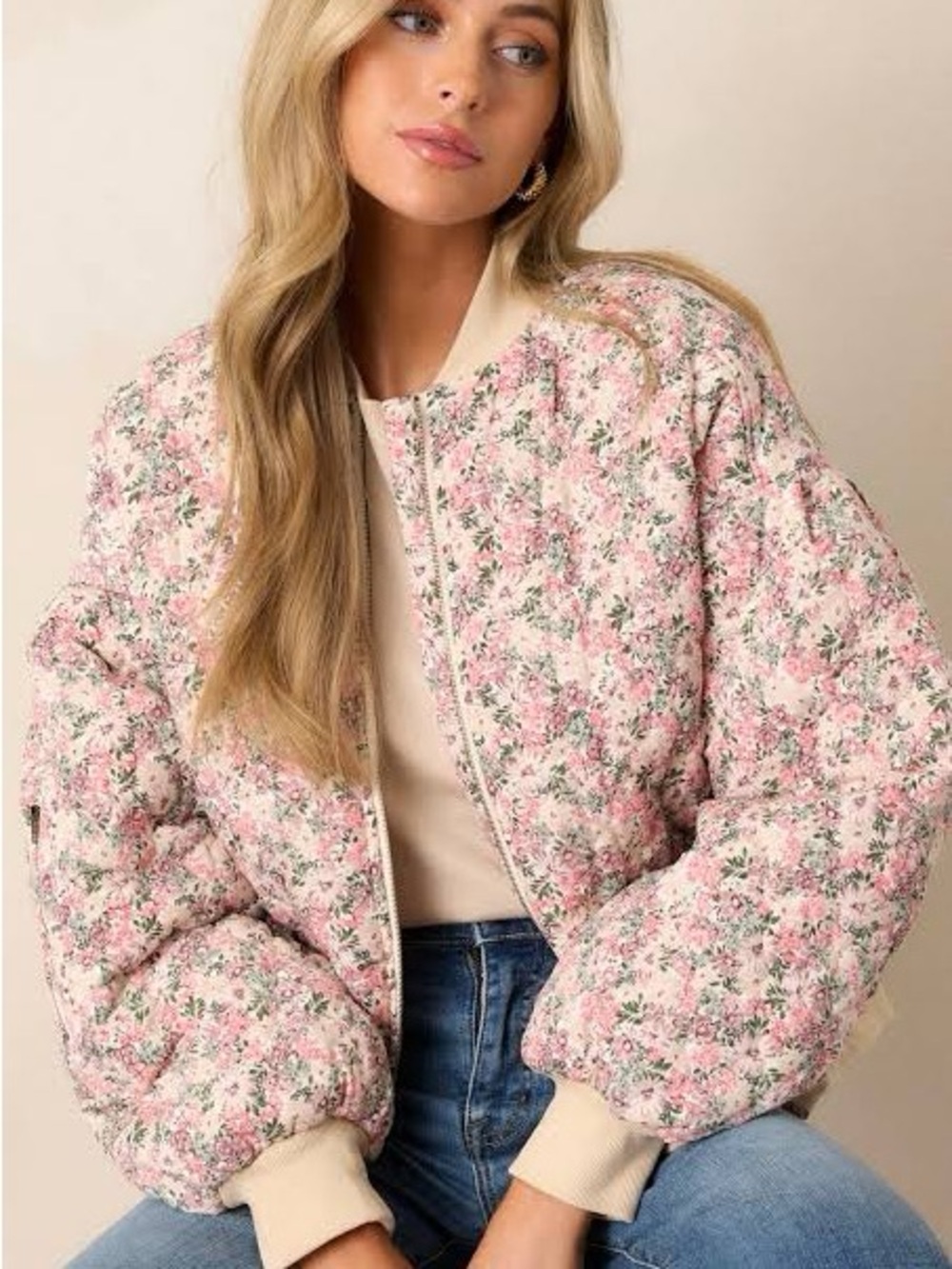 Entro / Floral Quilted Bomber Jacket - Pink ~ Size M